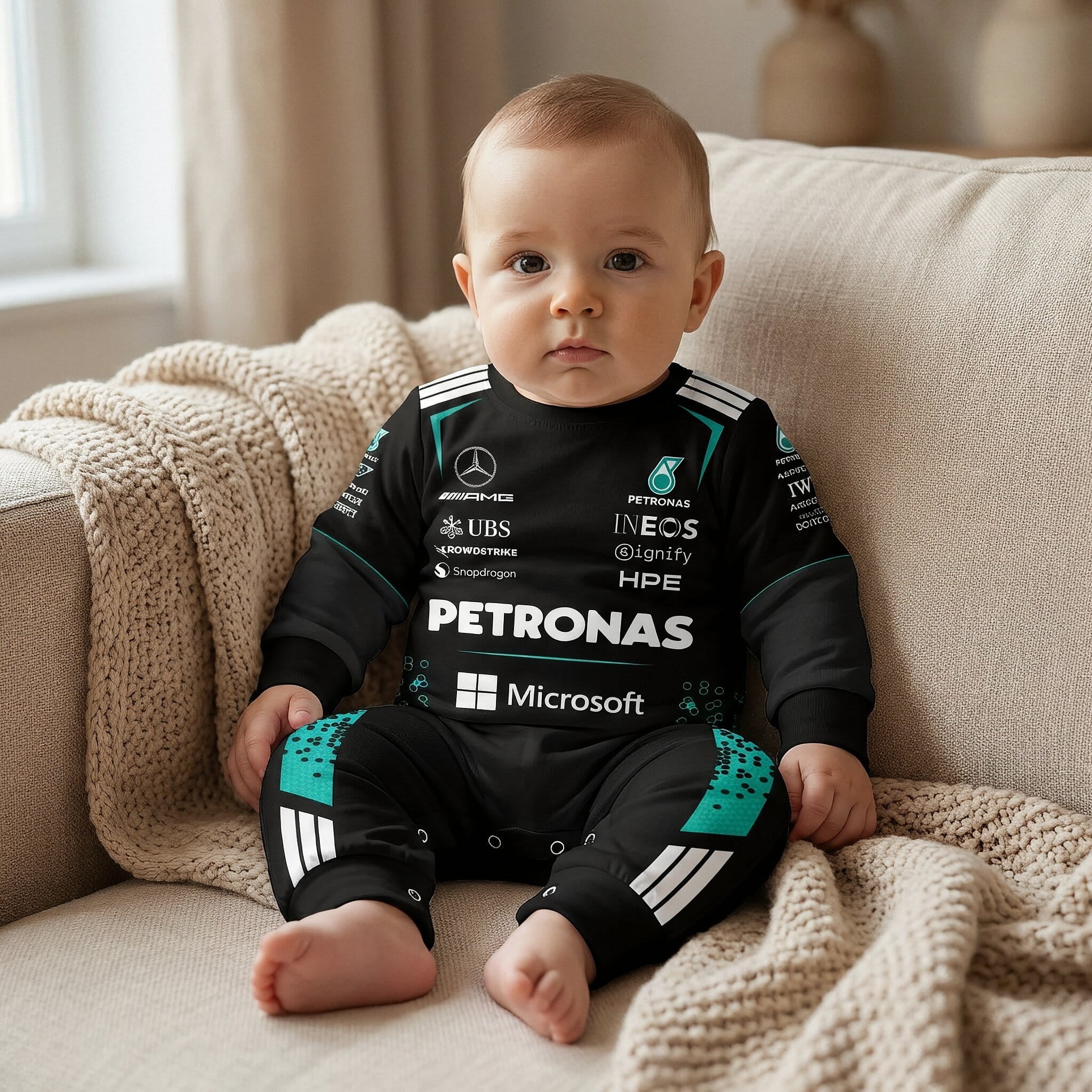 Mercedes Longsleeve Baby Onesie Jumpsuit 2026 - toddler siting on a couch wearing a 2026 mercedes amg baby romper  | Dash Racegear