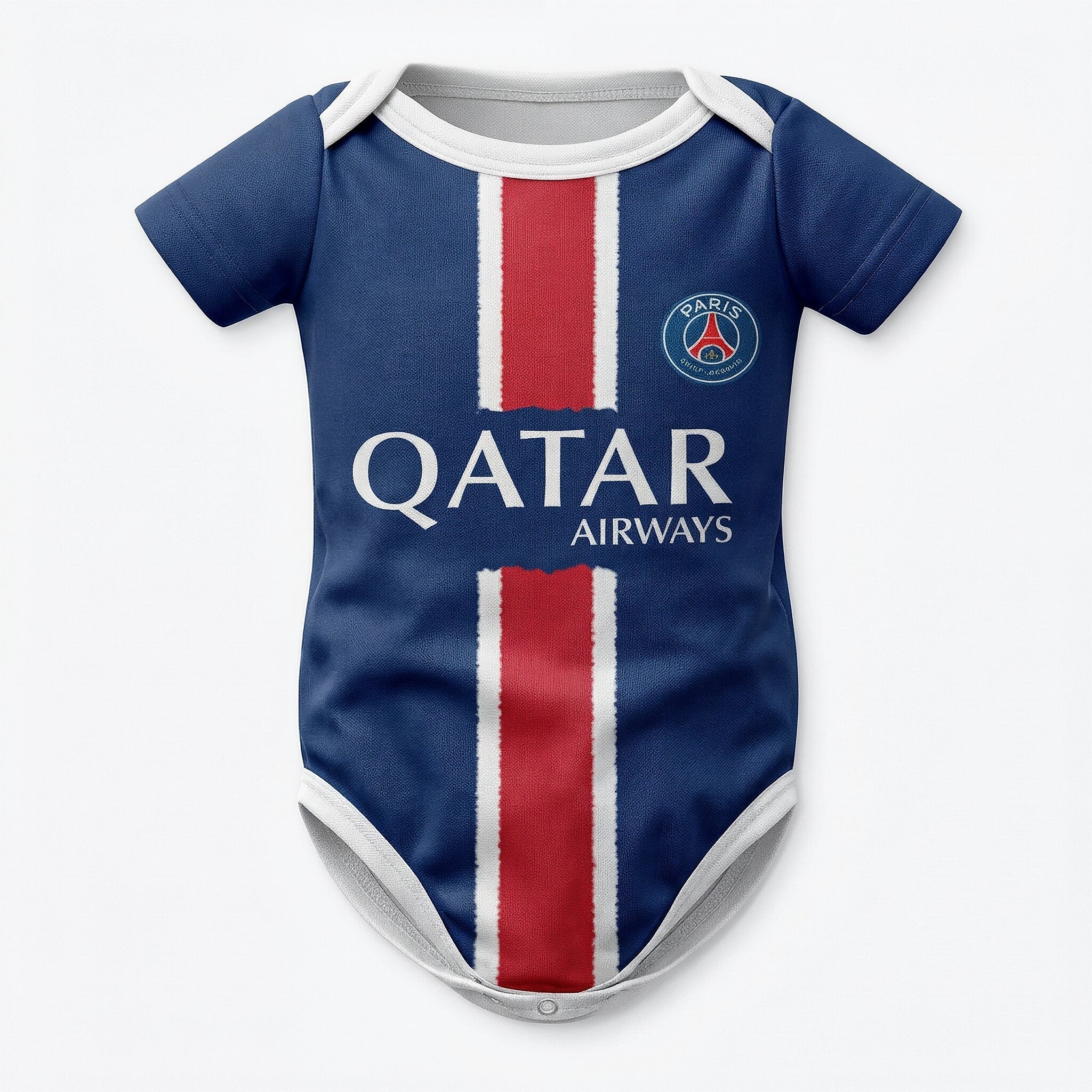 24/25 PSG Baby Bodysuit - PSG 24-25 baby bodysuit front view navy blue with Qatar Airways sponsor and red stripe | Dash Racegear