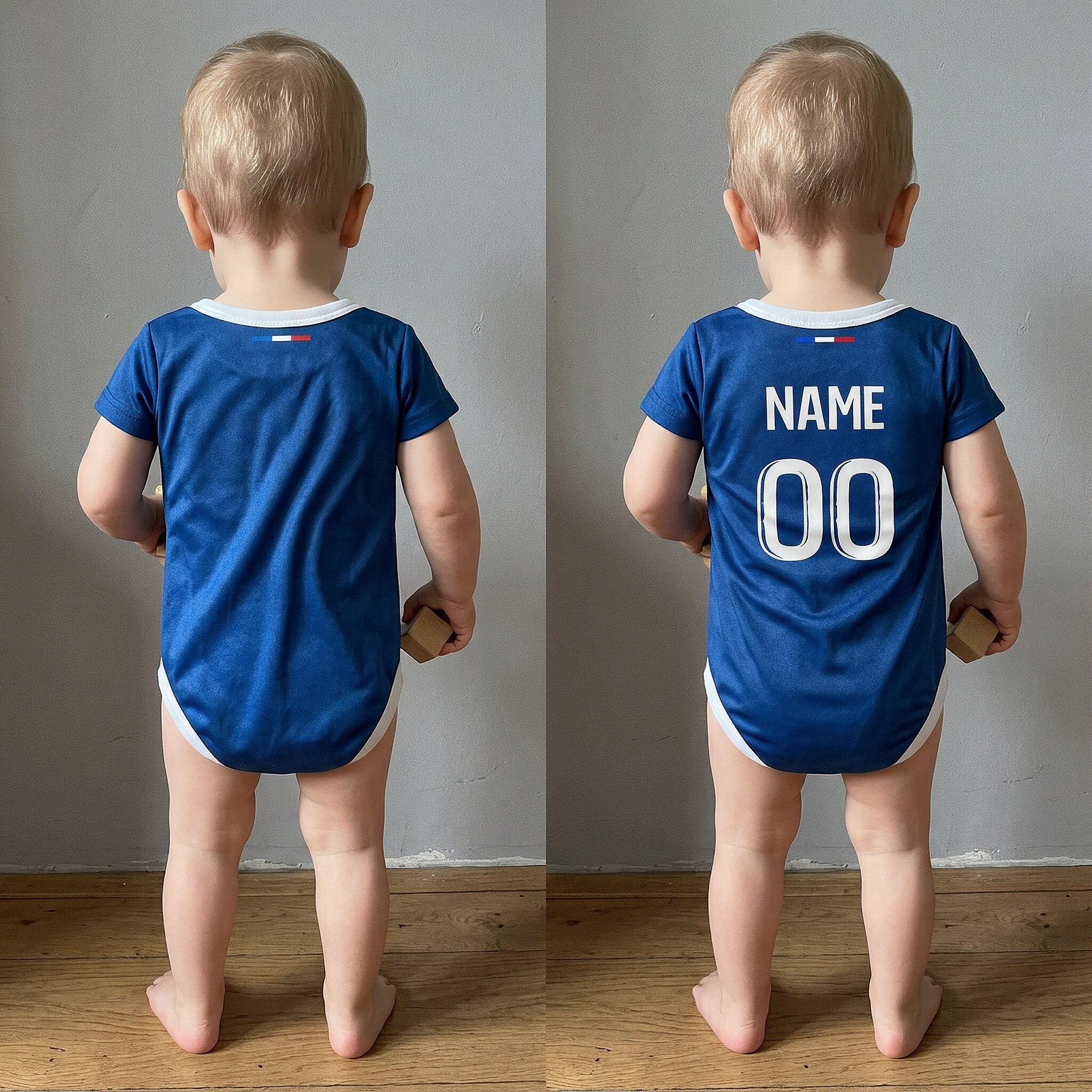 24/25 PSG Baby Bodysuit - baby wearing PSG bodysuit from behind showing plain back vs custom name and number personalization option | Dash Racegear