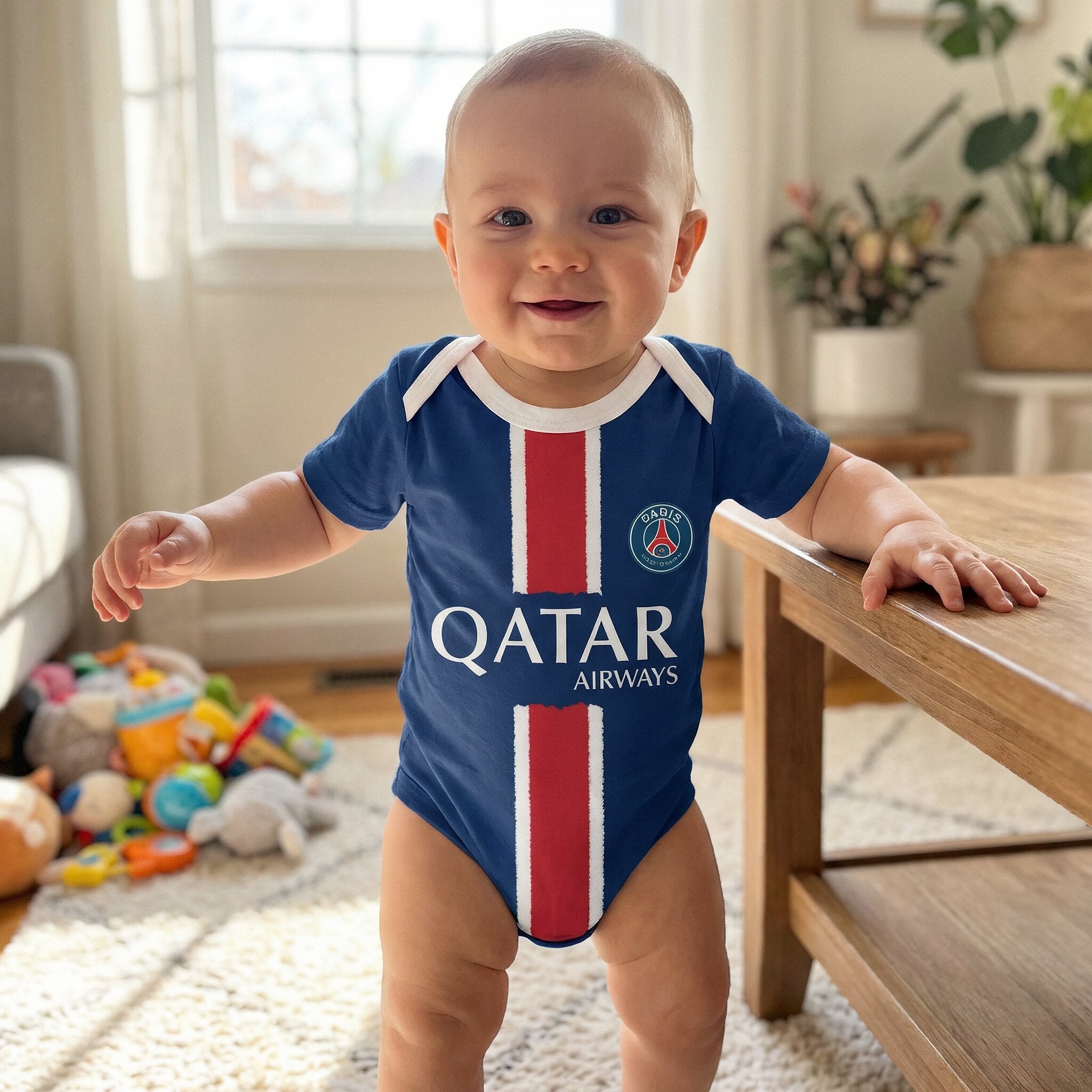 24/25 PSG Baby Bodysuit - smiling baby wearing PSG 24-25 home bodysuit standing against wooden table in sunny living room | Dash Racegear
