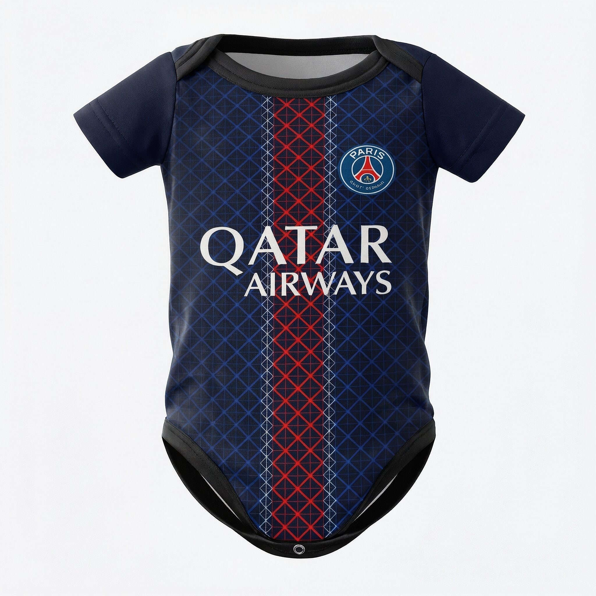 25/26 PSG Baby Bodysuit - PSG 25/26 baby bodysuit front view with Qatar Airways logo and diamond pattern | Dash Racegear