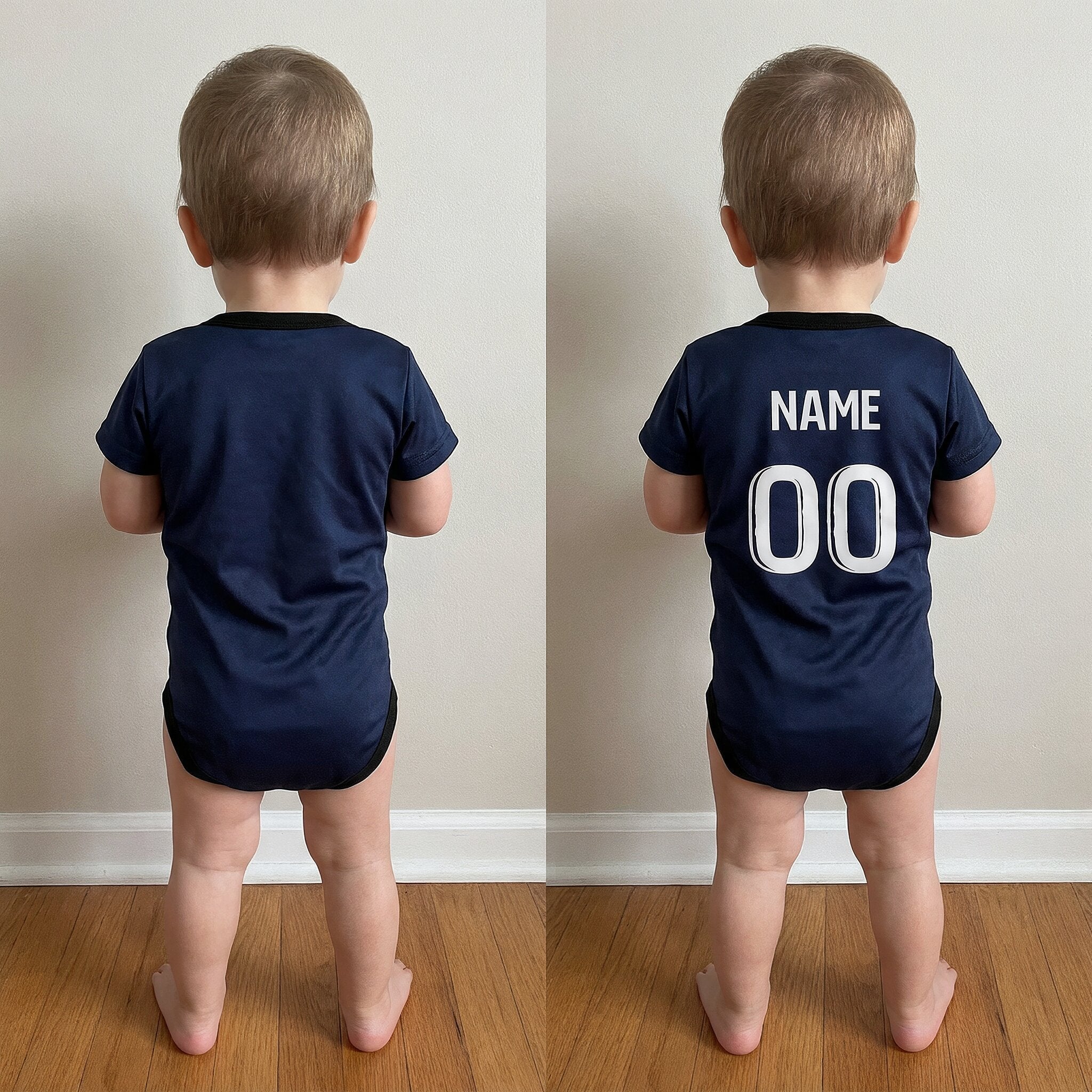 25/26 PSG Baby Bodysuit - toddler wearing PSG 25/26 bodysuit back view showing plain vs custom name and number print | Dash Racegear