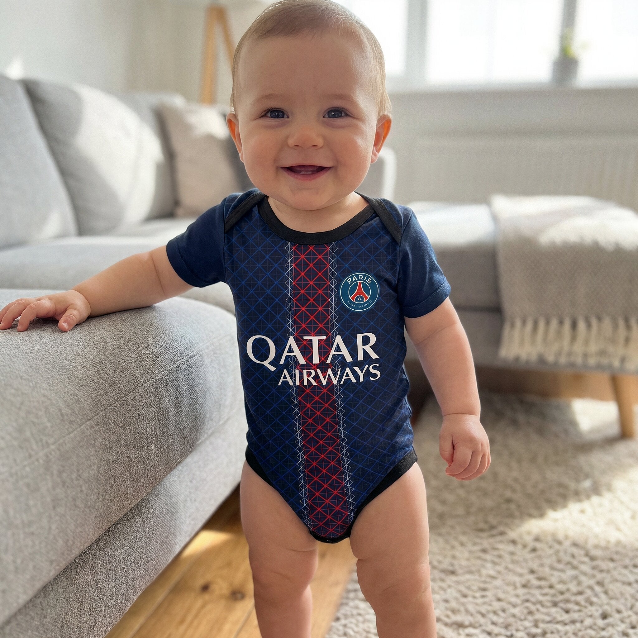 25/26 PSG Baby Bodysuit - smiling baby wearing PSG 25/26 Qatar Airways bodysuit standing by sofa in living room | Dash Racegear