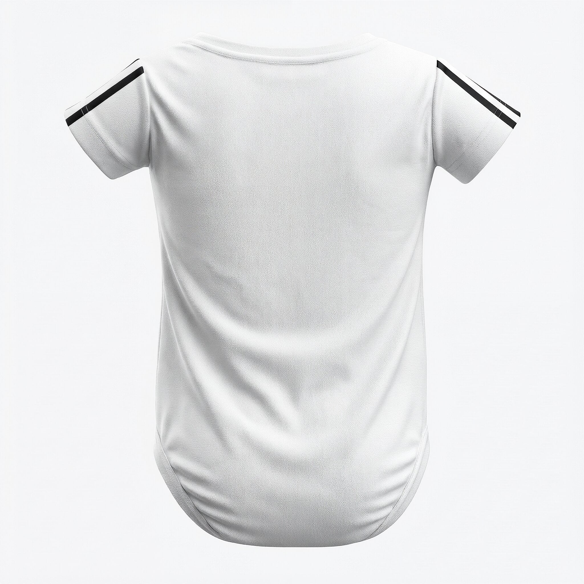 25/26 Real Madrid Baby Bodysuit - Real Madrid 2025-26 baby bodysuit back view plain white with black sleeve stripes | Dash Racegear