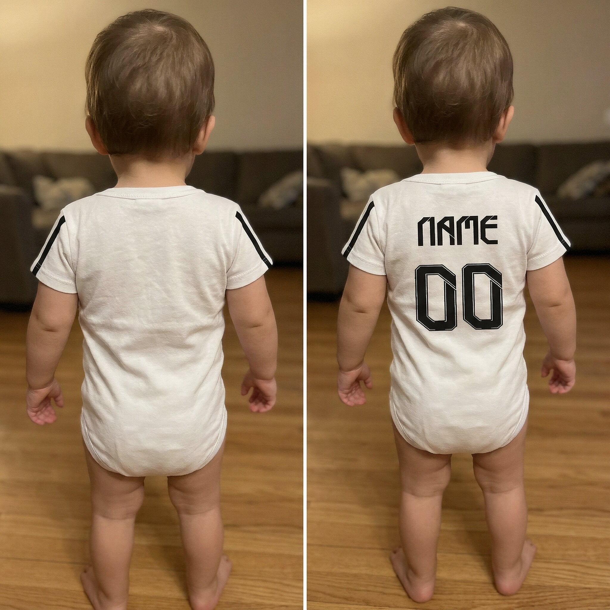 25/26 Real Madrid Baby Bodysuit - Real Madrid baby bodysuit back - plain vs custom name and number print comparison on toddler | Dash Racegear