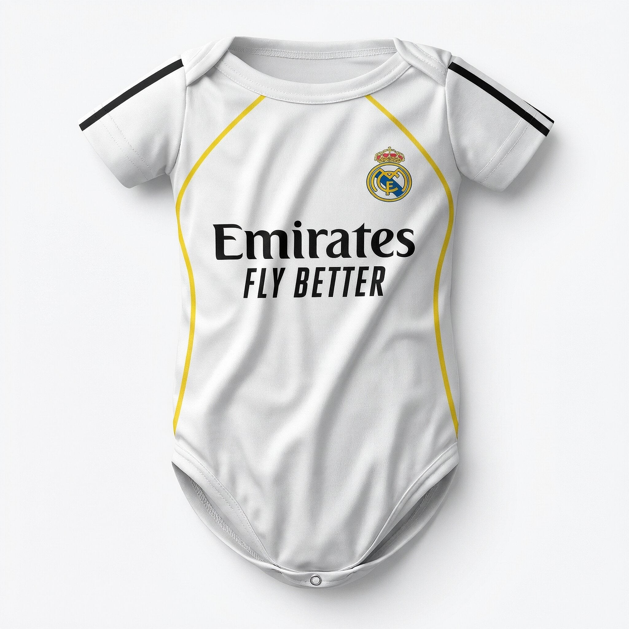 25/26 Real Madrid Baby Bodysuit - Real Madrid 2025-26 baby bodysuit front view with Emirates Fly Better sponsor and club crest | Dash Racegear