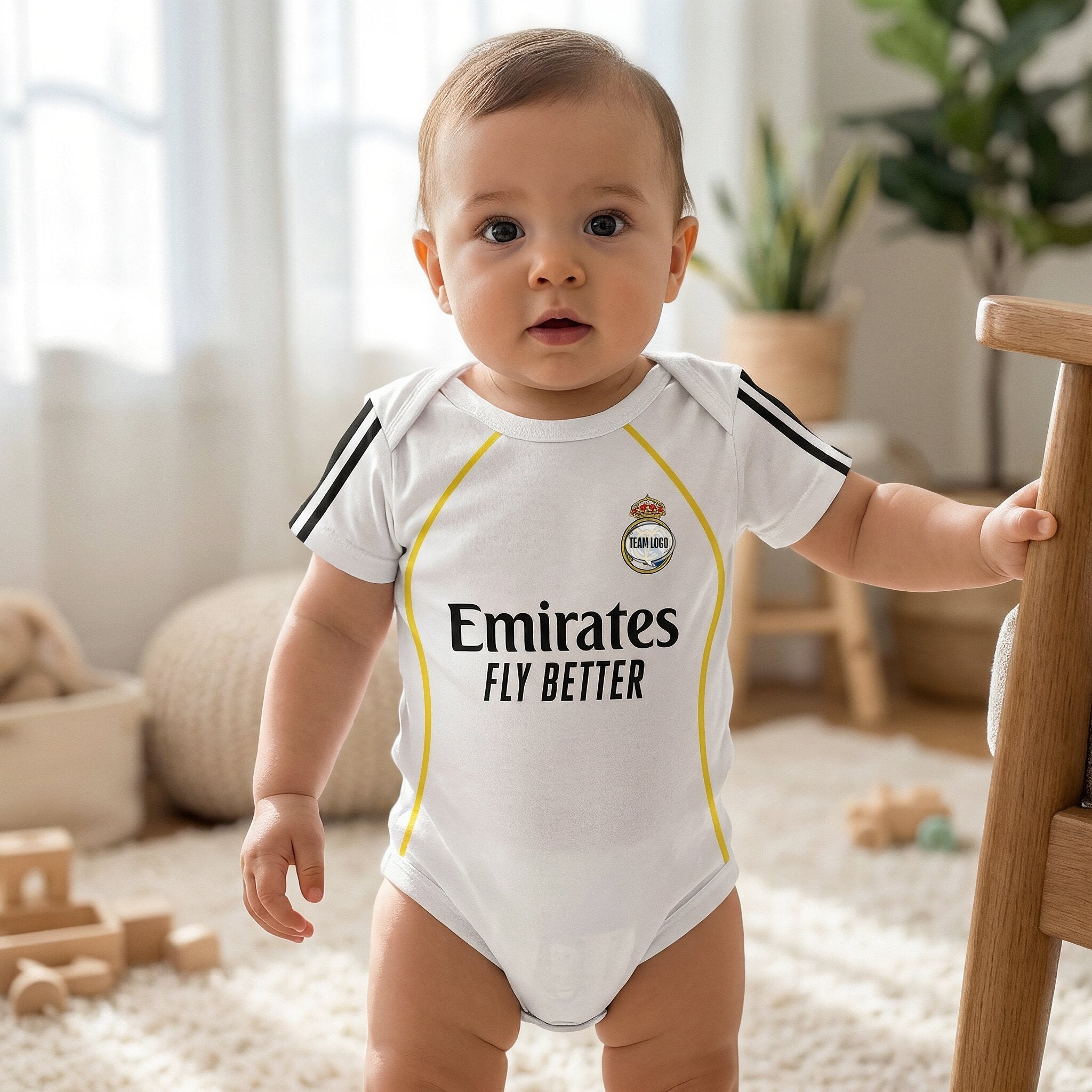 25/26 Real Madrid Baby Bodysuit - baby wearing Real Madrid 2025-26 white bodysuit standing in bright nursery holding wooden crib rail | Dash Racegear