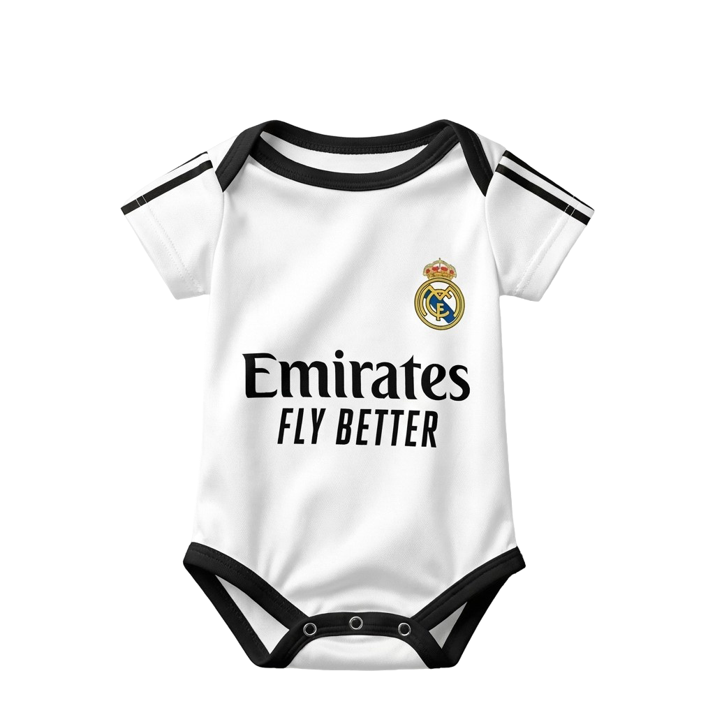 Real Madrid Baby Bodysuit 24/25 - front shot of real madrid baby bodysuit onesie | Dash Racegear