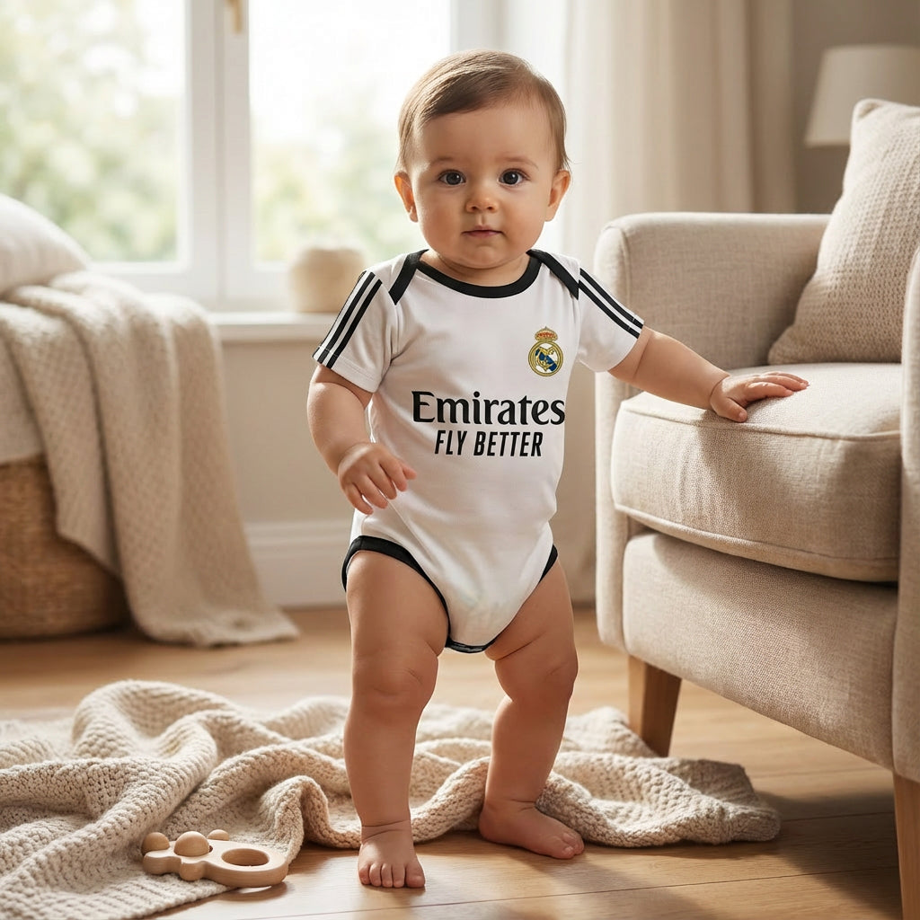 Real Madrid Baby Bodysuit 24/25 - baby wearing a real madrid bodysuit onesie in a living room | Dash Racegear
