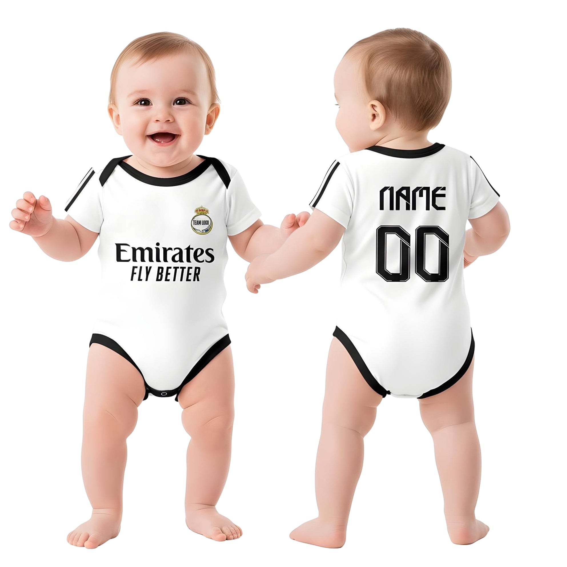 Real Madrid Baby Bodysuit 24/25 - showcase image of the back and front of the real madrid baby oneise | Dash Racegear