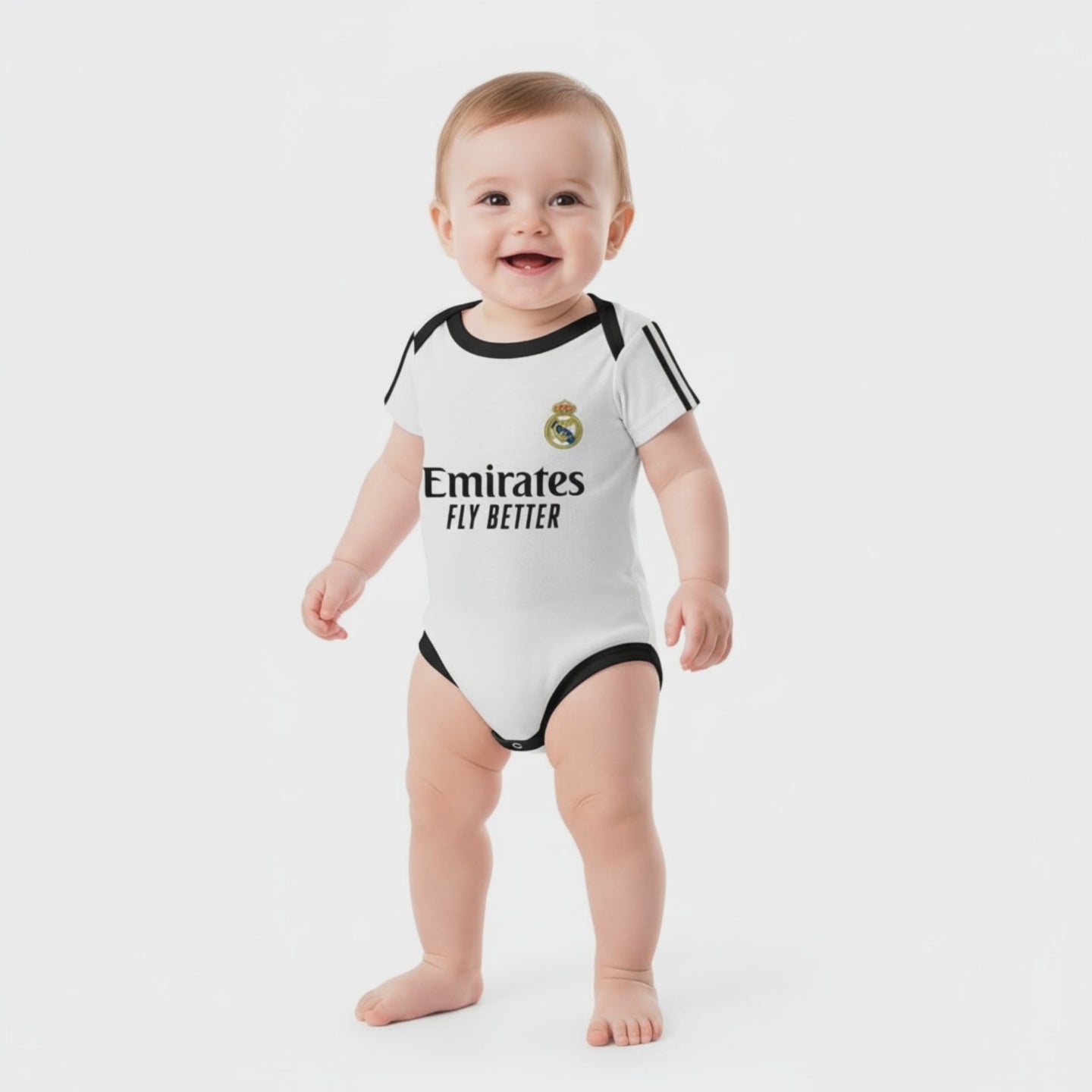 Real Madrid Baby Bodysuit 24/25 - short video of a baby posing in a real madrid short sleeve baby bodysuit onesie | Dash Racegear