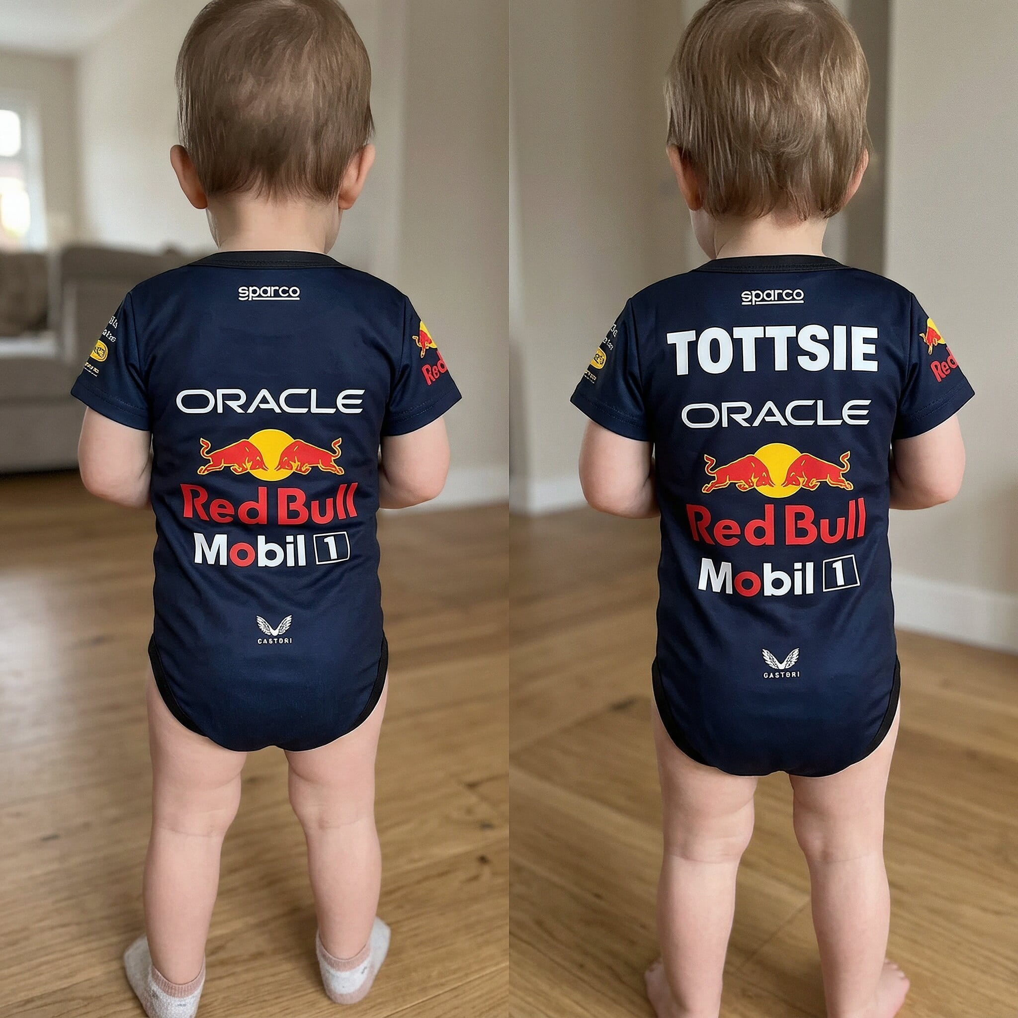 Red Bull Baby Bodysuit Onesie 2025 - side by side comparison of personalzied and non personalized red bull acing baby onesie bodysuit | Dash Racegear