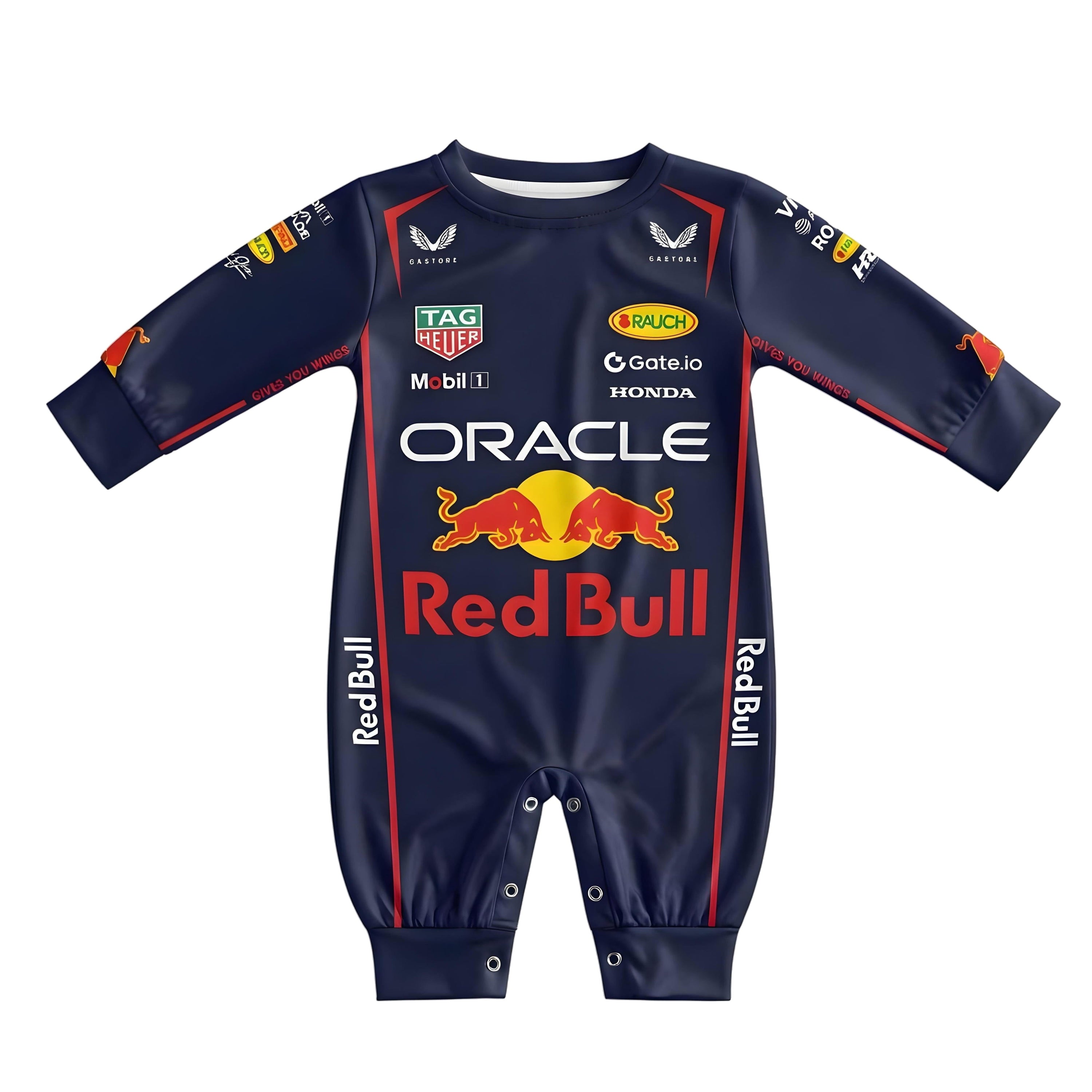 Red Bull Longsleeve Jumpsuit 2025 - 2025 Red Bull Racing baby onesie front view | Dash Racegear