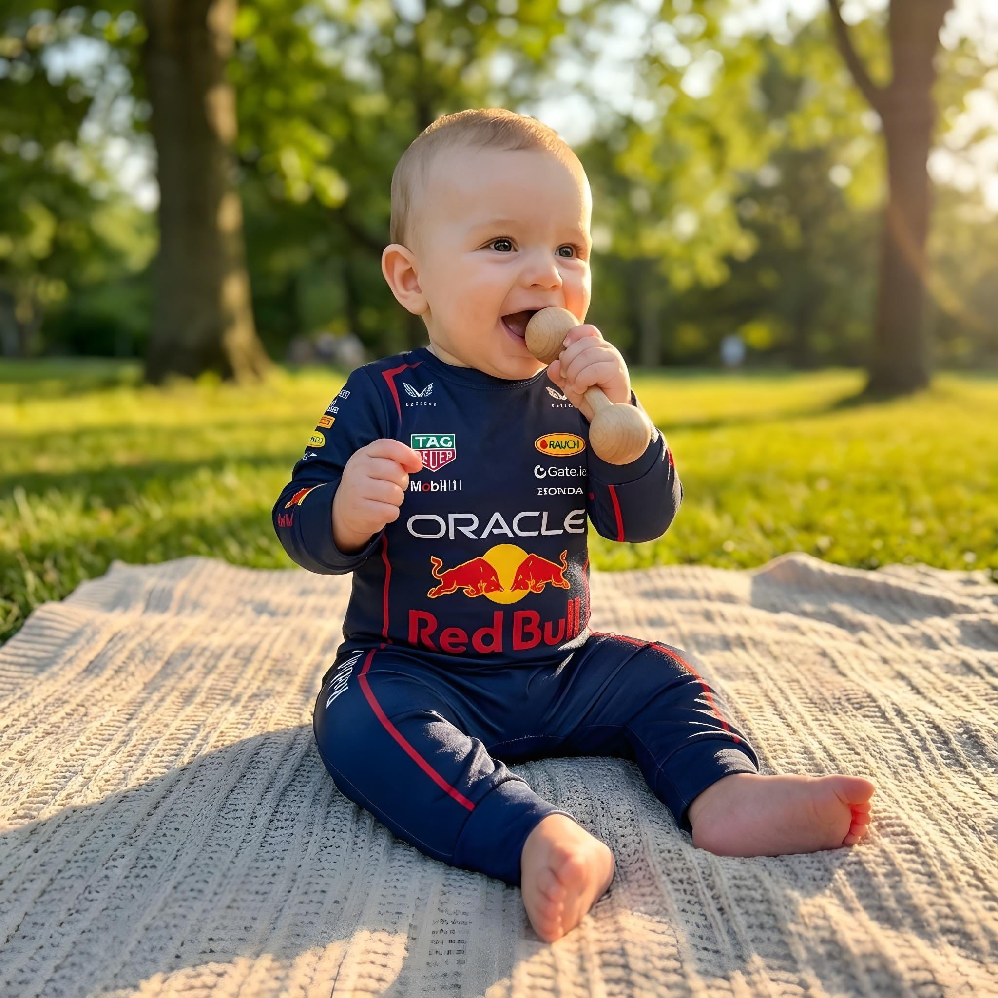 Red Bull Longsleeve Jumpsuit 2025 - baby wearing Red Bull Racing onesie outdoors | Dash Racegear