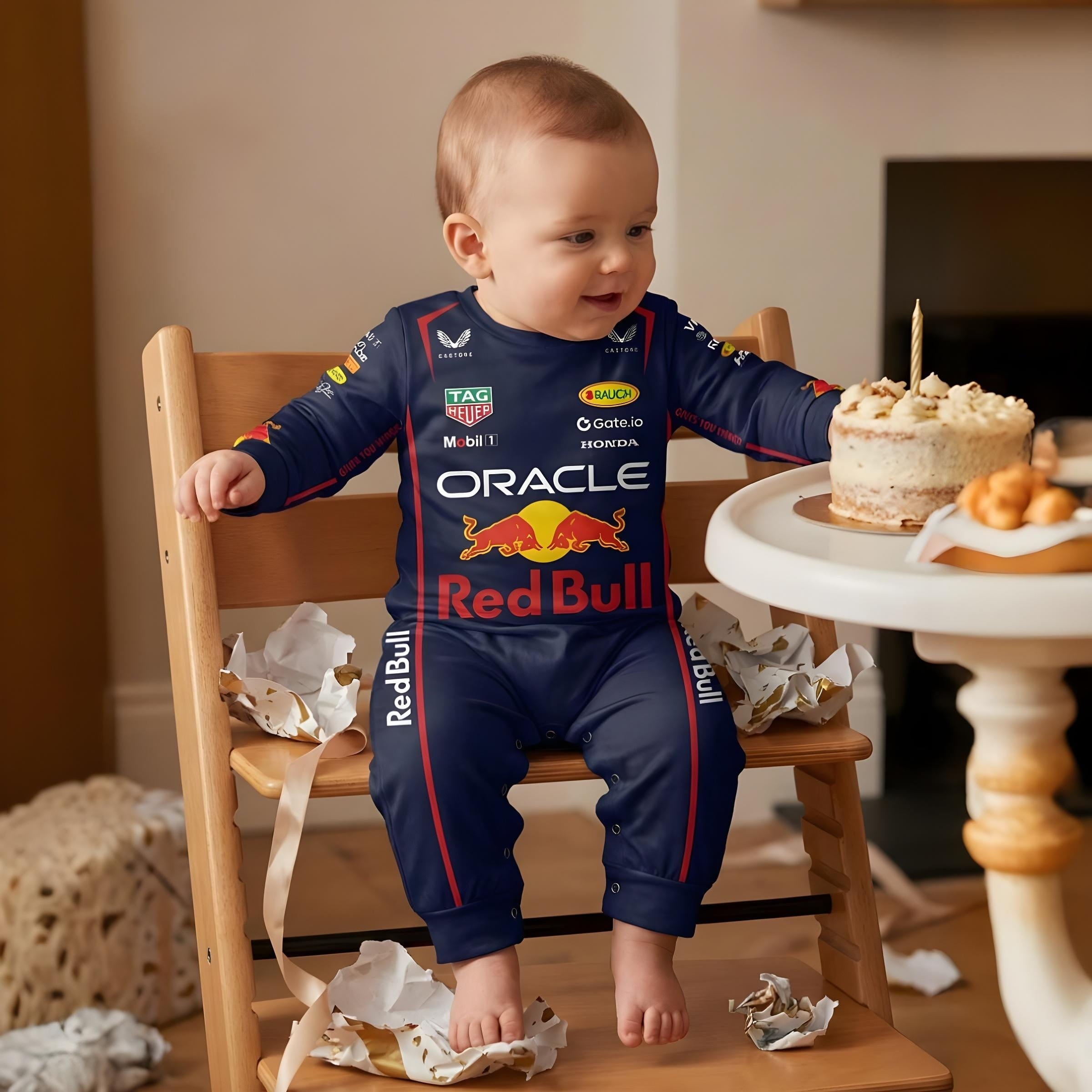 Red Bull Longsleeve Jumpsuit 2025 - Red Bull baby onesie worn as birthday gift | Dash Racegear