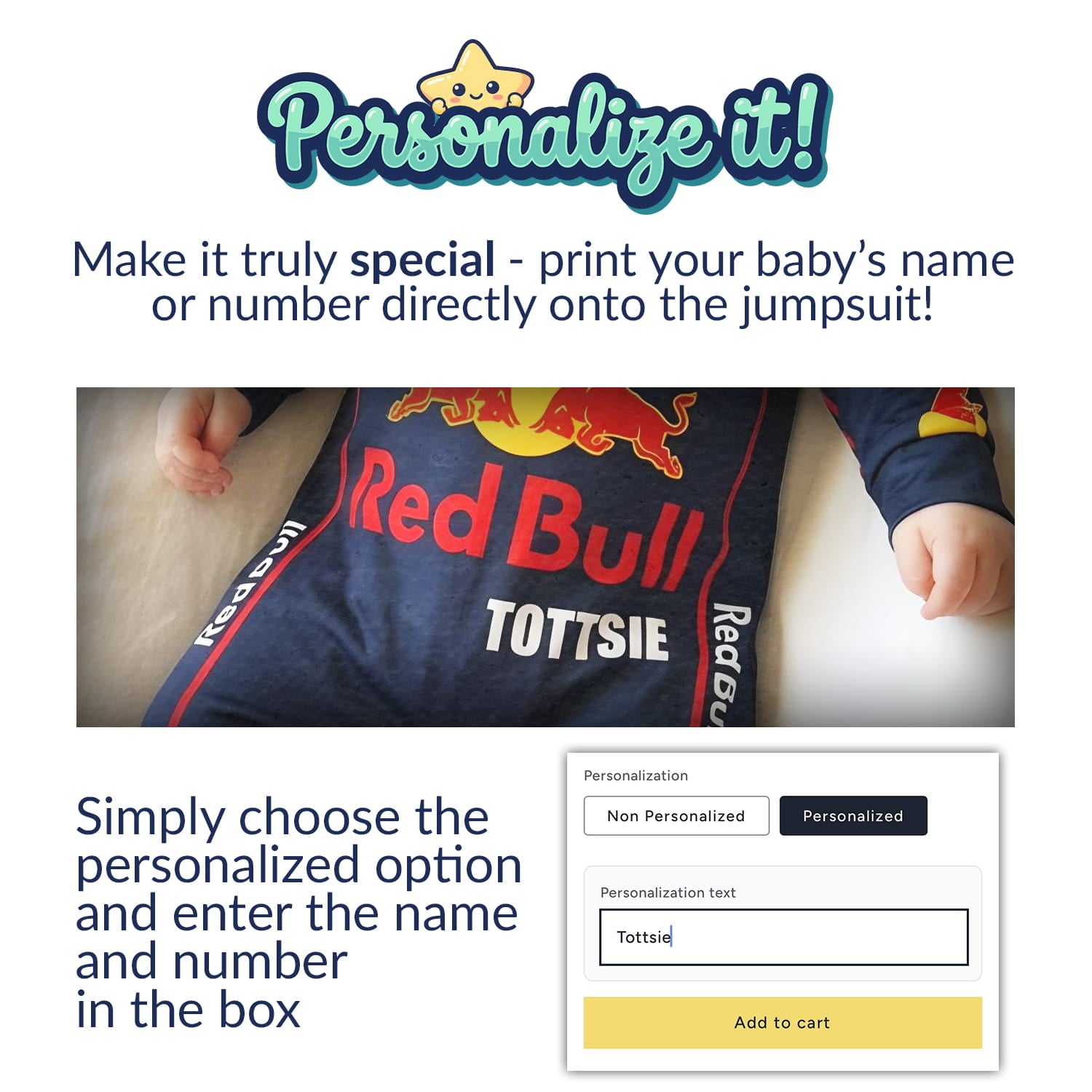 Red Bull Longsleeve Jumpsuit 2025 - personalization options for Red Bull baby onesie with custom name | Dash Racegear