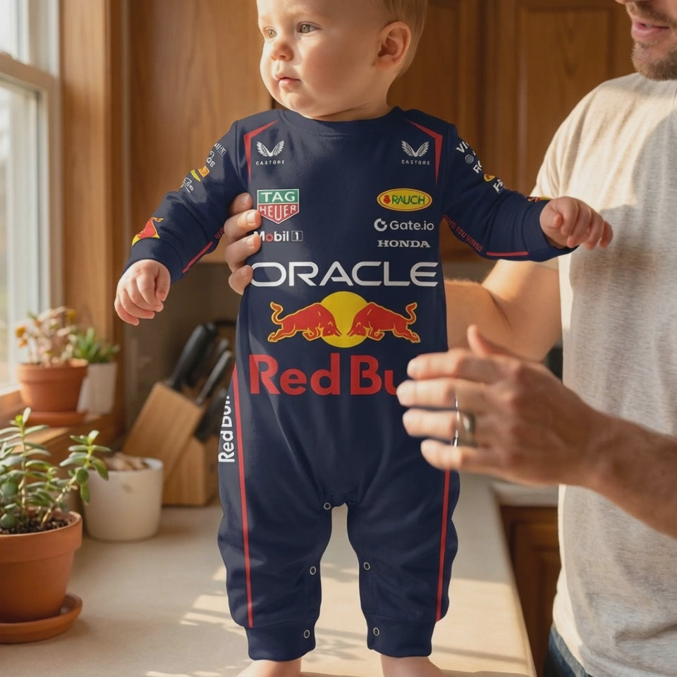 Red Bull Longsleeve Jumpsuit 2025 - baby wearing Red Bull Racing outfit with parent video | Dash Racegear