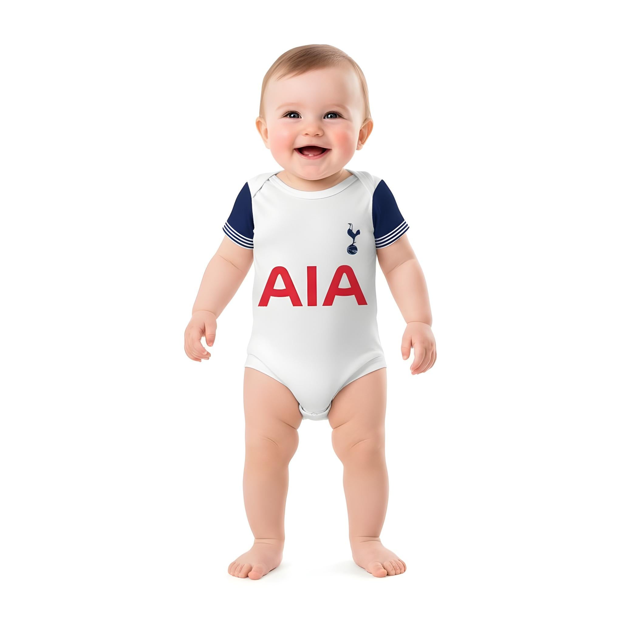 24/25 Tottenham Baby Bodysuit - baby standing up and wearing a tottenham spurs baby onesie on white backdrop | Dash Racegear