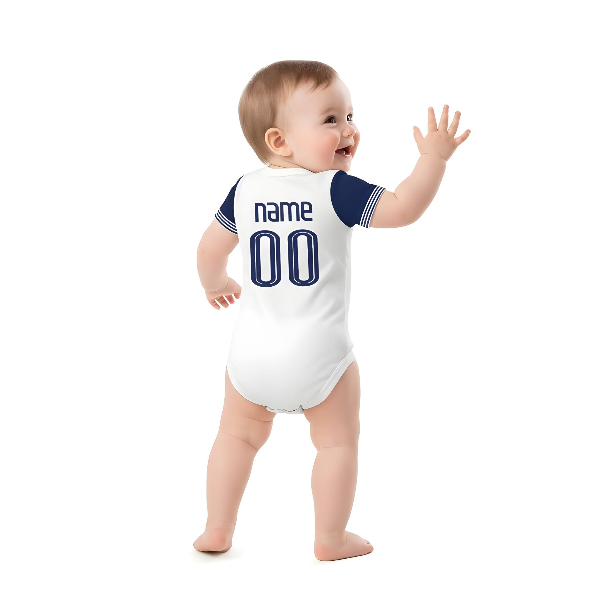 24/25 Tottenham Baby Bodysuit - baby wearing a personalzied tottenham hotspur onesie backshot on white backdrop | Dash Racegear