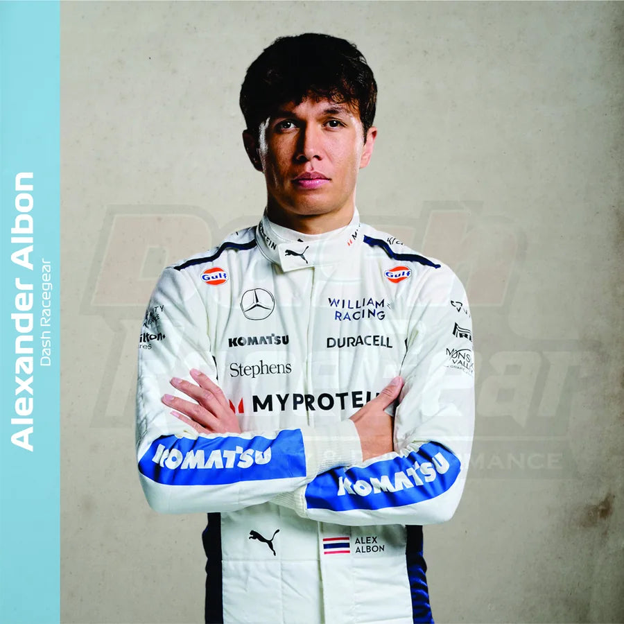 Alex Albon wearing a crisp white and blue race suit for the Williams-inspired collection