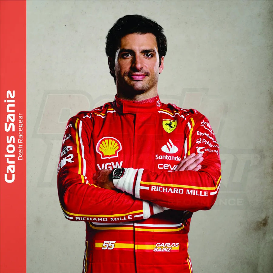 Carlos Sainz in signature red racing gear featured with the driver-inspired suit collection