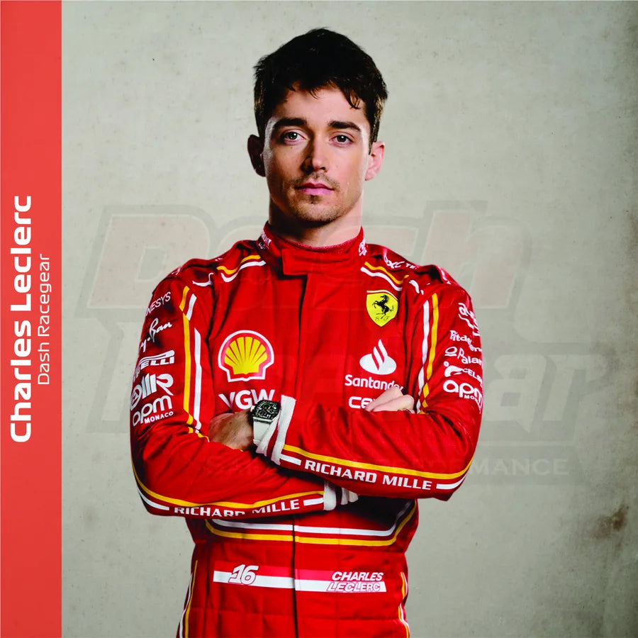 Charles Leclerc in a vivid red racing suit inspiring the Scuderia-style racewear collection
