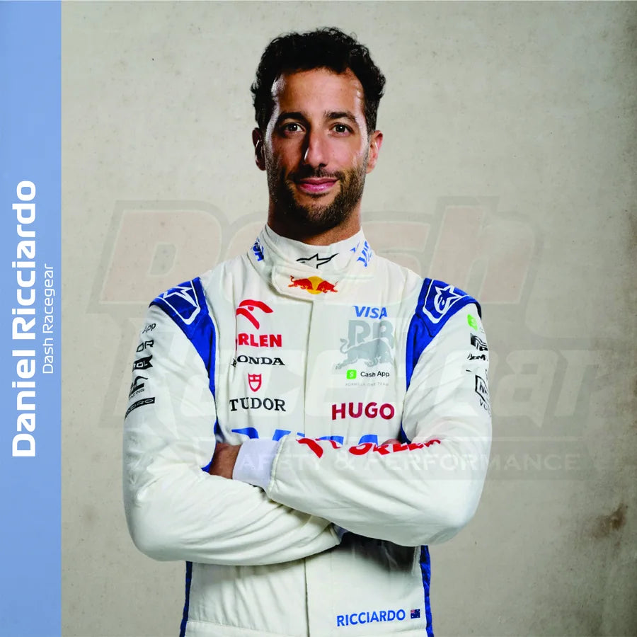 Daniel Ricciardo wearing a white and blue racing suit for a bold driver-inspired collection