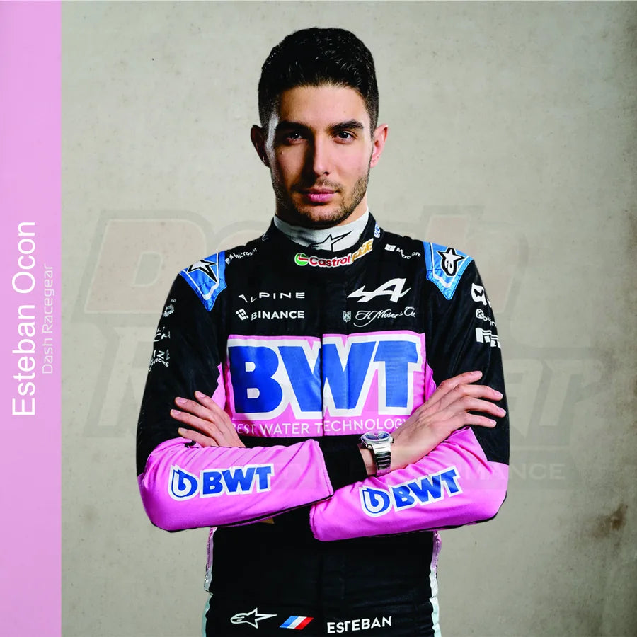 Esteban Ocon in black blue and pink racing colours for the Alpine-inspired suit collection