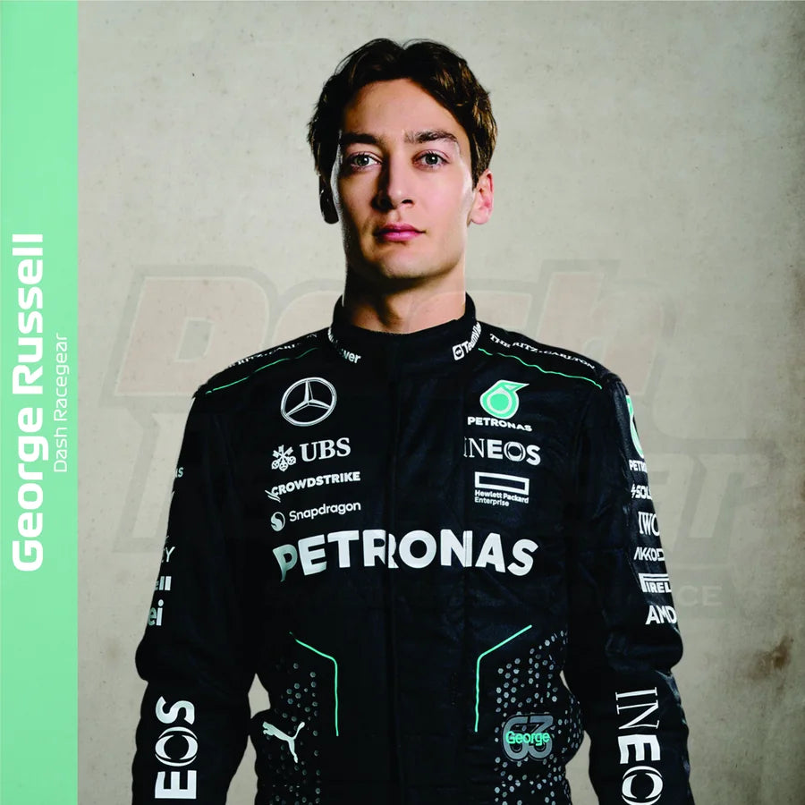 George Russell wearing black and teal racewear for a clean modern driver collection