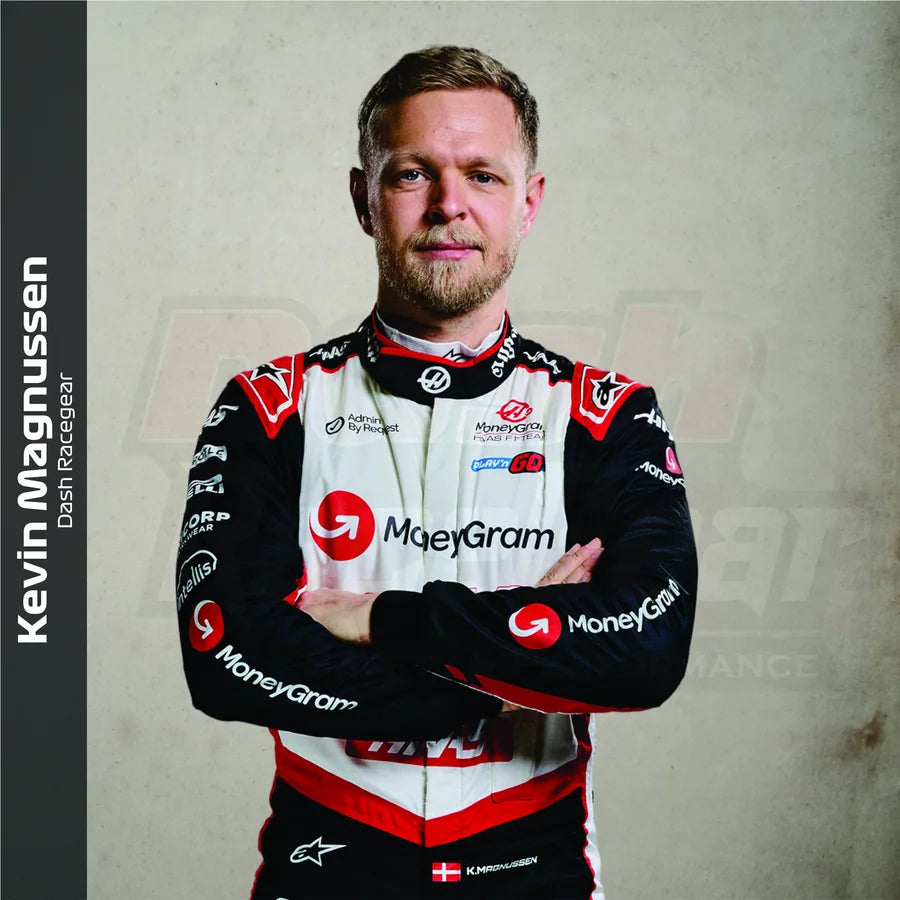 Kevin Magnussen in black red and white racing gear for a hard-charging inspired collection