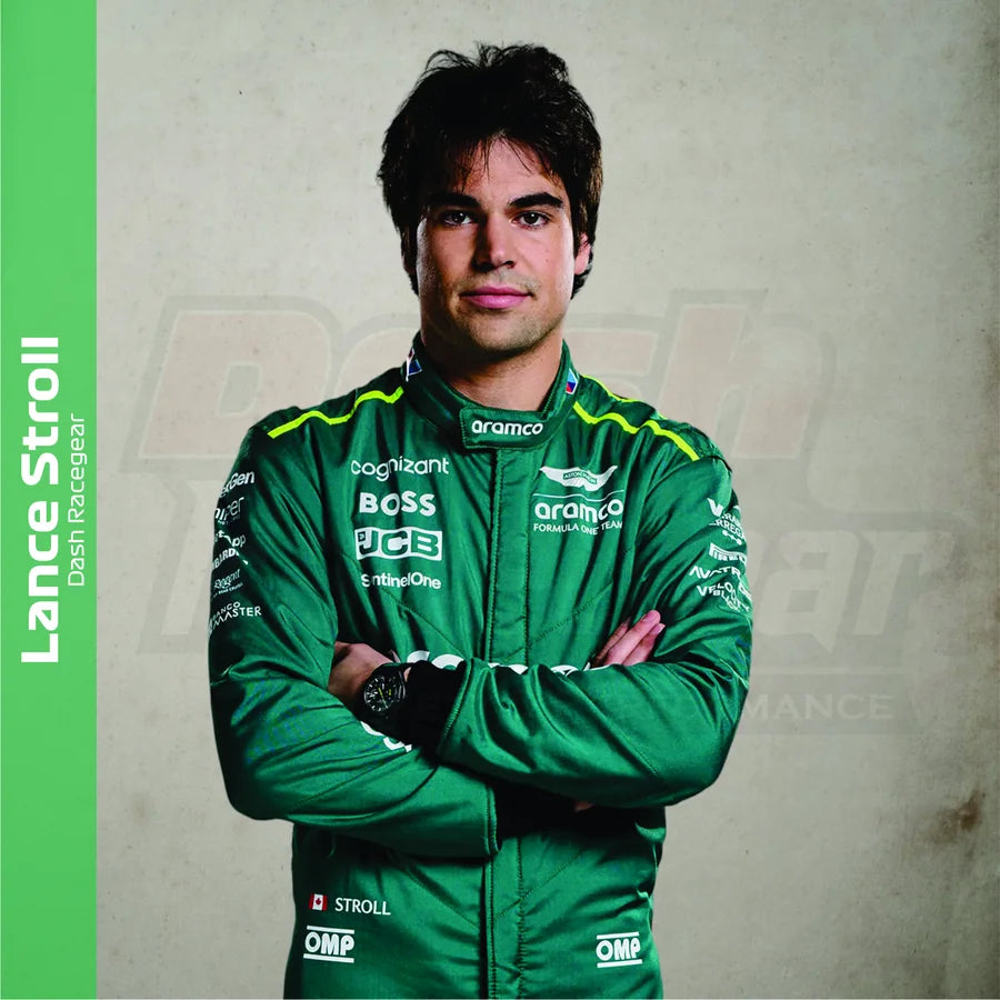Lance Stroll wearing British racing green for the Aston-inspired race suit edit