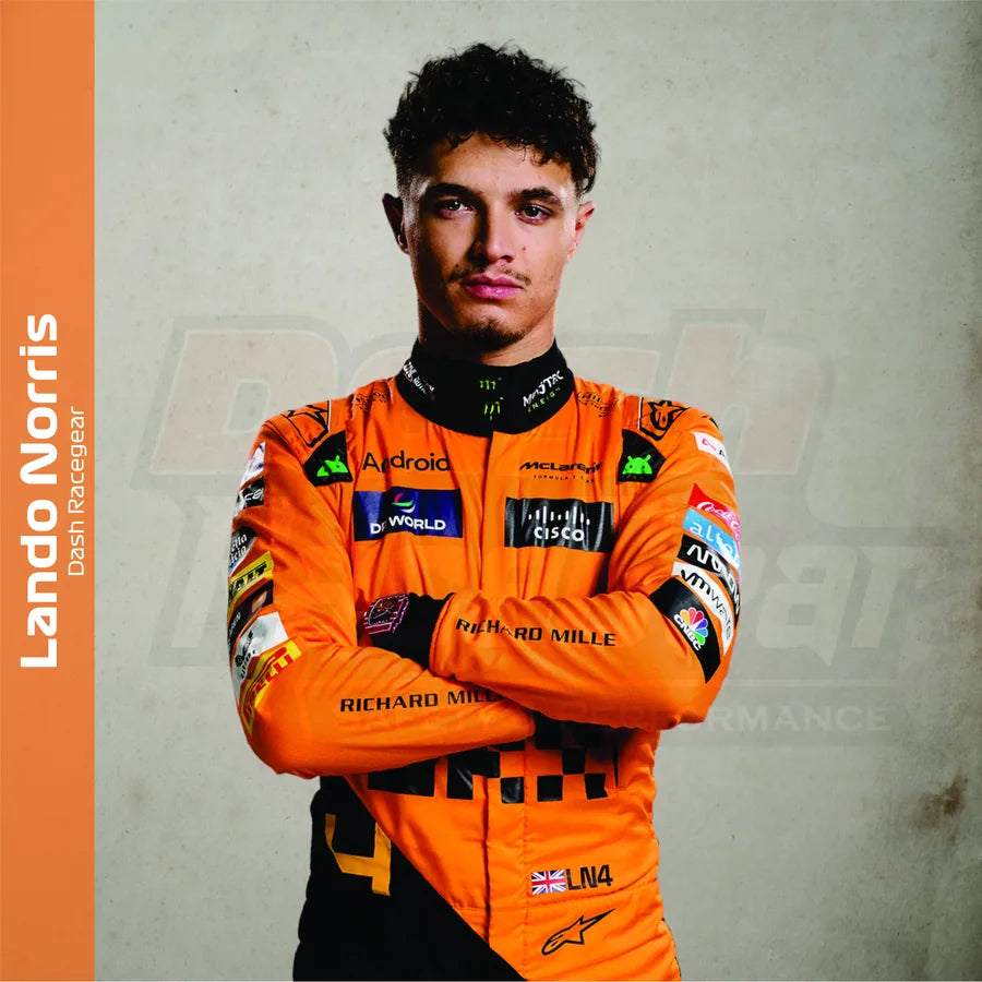 Lando Norris in papaya orange racewear featured with the driver-inspired suit collection