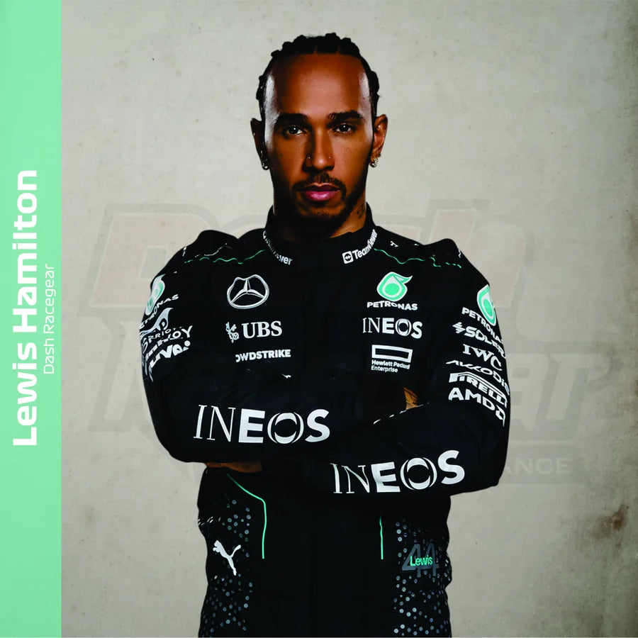 Lewis Hamilton in black and teal racewear leading a modern champion-inspired collection