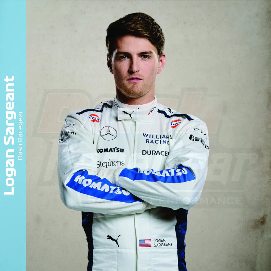 Logan Sargeant in white and blue racing colours for the driver-inspired racewear edit