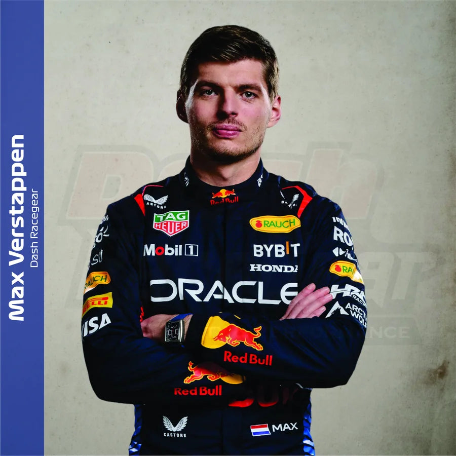 Max Verstappen in championship navy racewear introducing the driver-inspired suit collection