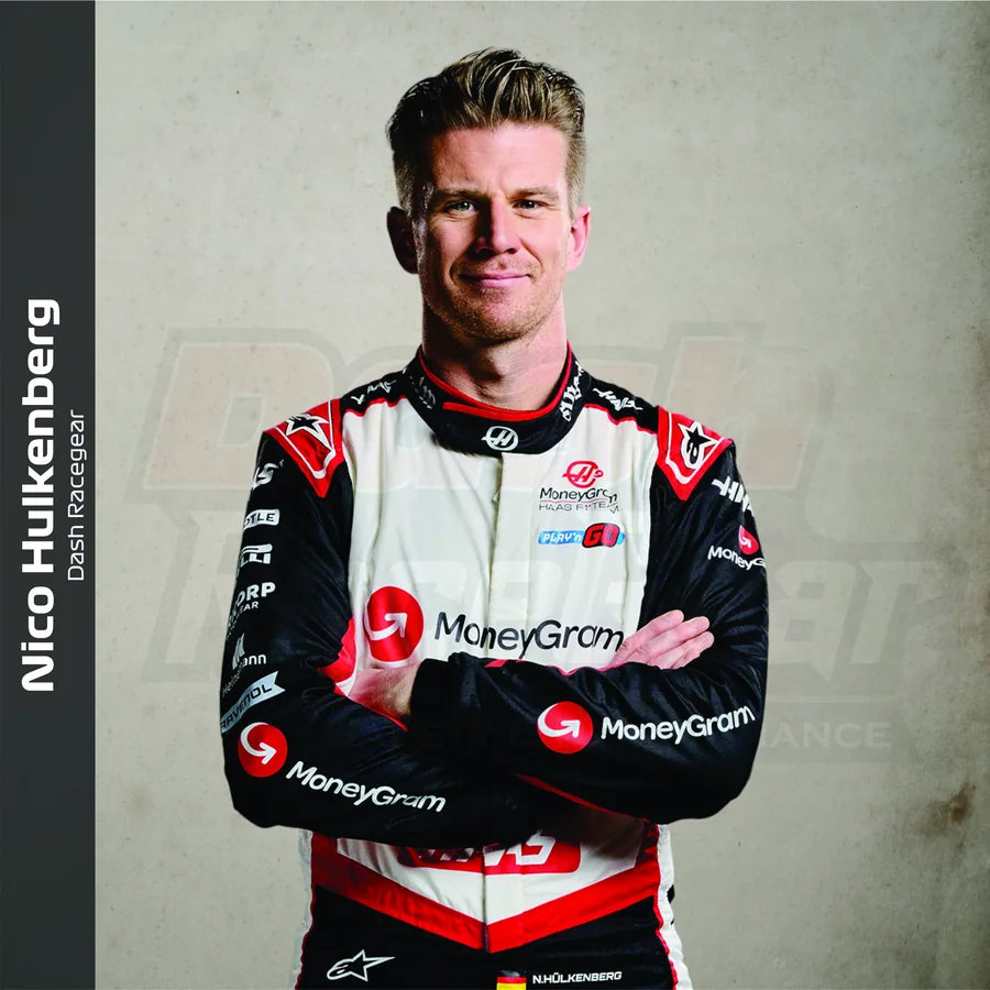 Nico Hulkenberg wearing black red and white race gear for the driver-inspired collection