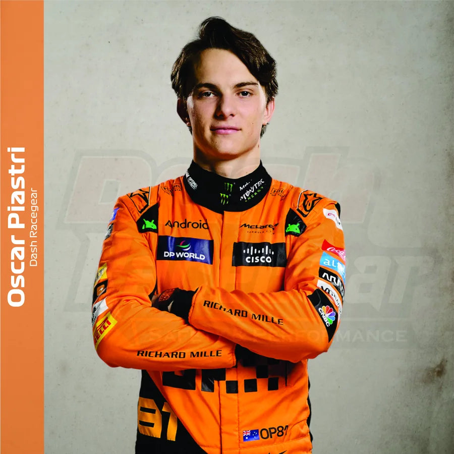 Oscar Piastri wearing papaya orange race gear for the rising-star inspired collection