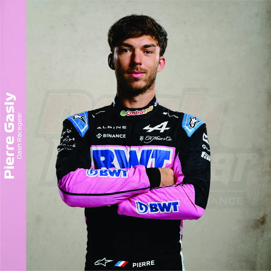 Pierre Gasly wearing black blue and pink racing colours for the Alpine-inspired collection