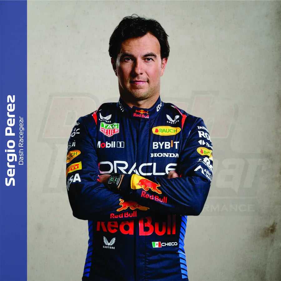 Sergio Perez wearing deep navy racewear for the driver-inspired racing suit collection
