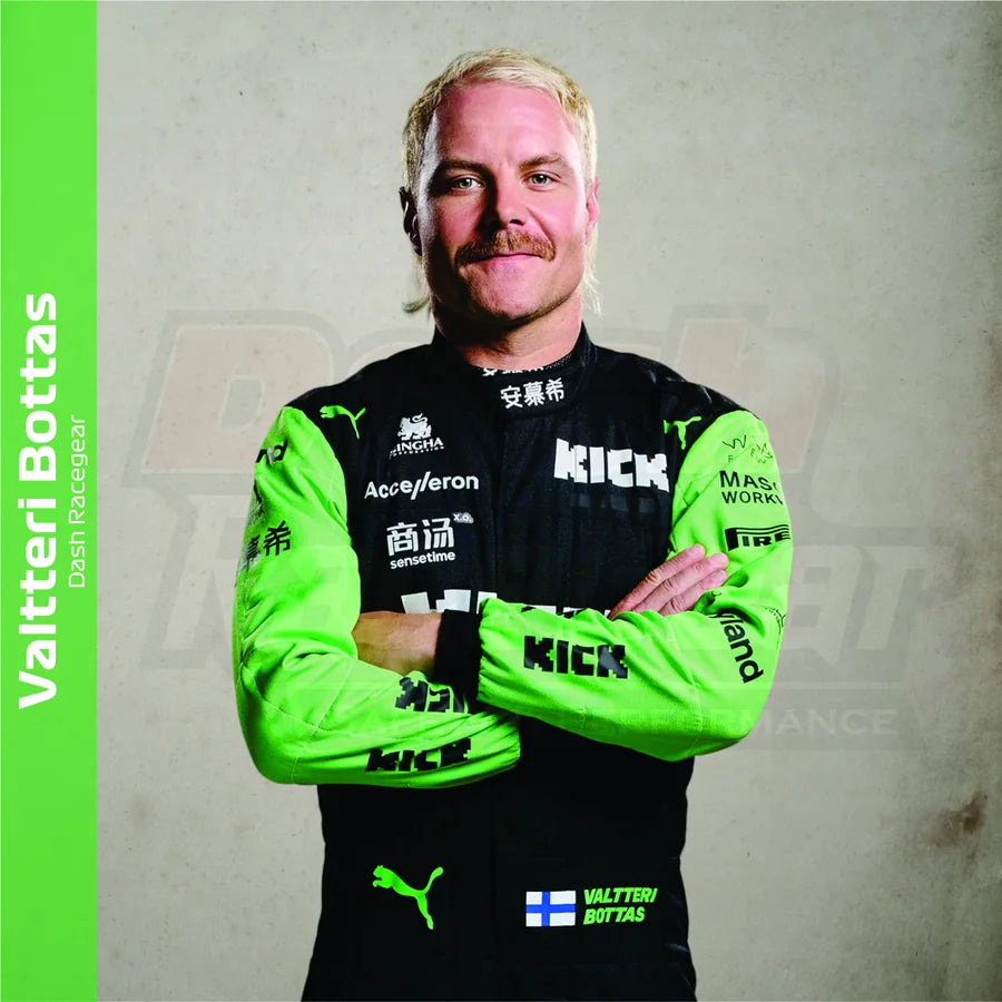 Valtteri Bottas in black and neon green racewear for a distinctive driver collection