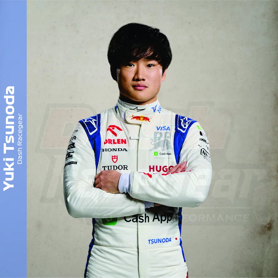 Yuki Tsunoda in white and blue racewear for the sharp driver-inspired collection