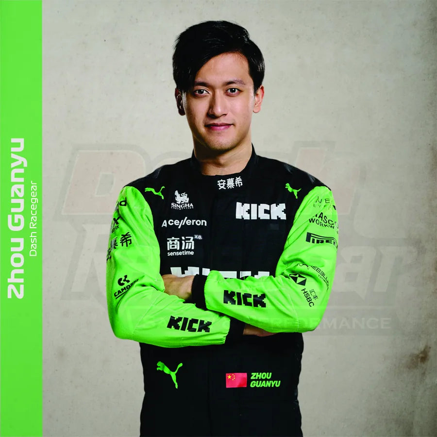 Zhou Guanyu wearing black and neon green race gear for the driver-inspired collection