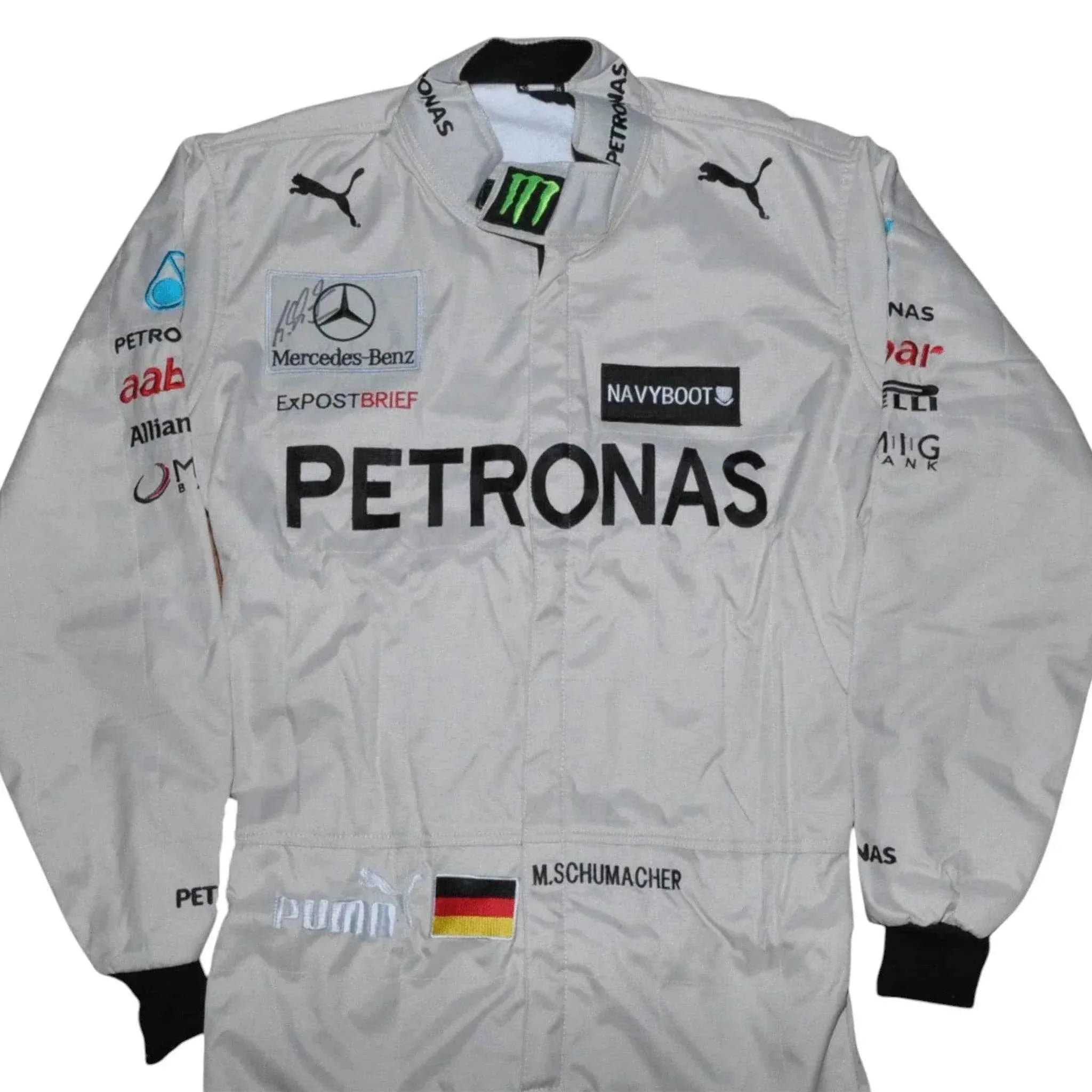 michael schumacher signed mercedes 2012 f1 replica race suit Michael Schumacher SIGNED Mercedes 2012 F1 REPLICA Race SUIT Dash Racegear